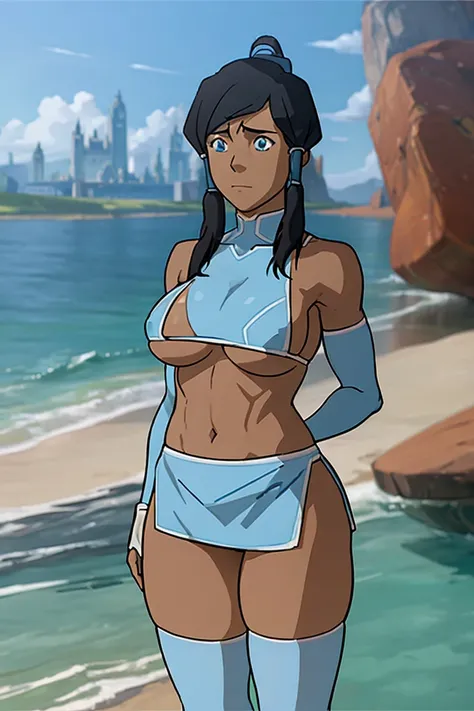 The legend of korra, korra, in full growth,the city in the background,(micro skirt:1.4),(micro bikini, big tits,thongs,stockings:1.2),, muscular,egs spread
