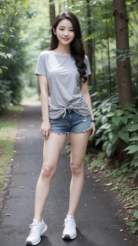 masterpiece, best quality, Surreal, Ultra Detailed, 8k resolution, RAW photos, Clear focus, (A girl in the forest), ((light gray shirt:1.1)),  Short sleeve, sports Shorts,Full body posture, Solitary, Perfect body, Become a, 32 inches in the chest,(a charmi...