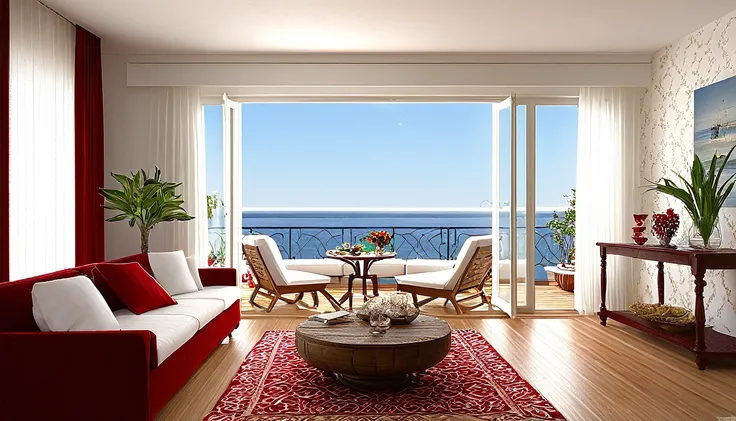 Describe a typical Spanish home living room with the following features: wood wallpaper, wooden decking, a wine table centerpiece, white cushions, a deep red sofa, white curtains, ornamental plants, a pendant light, and a bright morning scene with a window...