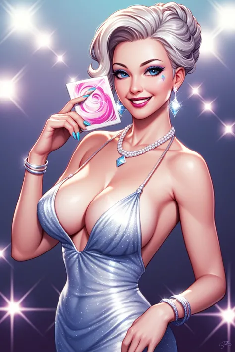  hot beautiful yu hee in club dancing, white silky blunt hair ,glowing silver diamond earrings, necklace, jewellery , brochure,bracelet,bangles, lipstick, blue maxi, cleavage,big rounded breasts, detailed 4k image, smiling ,long nail,nail paint,cheek bones...