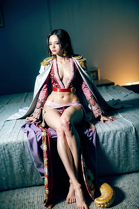 (((boa hancock))), long hair, epaulettes, white cape, red crop top, side slit, from below shot pov, (sea), oiled up skin, shiny oily skin, full body, panty slip to show genital