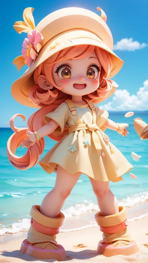 (top-quality, 8K, ?masterpiece:1.3) A portrait of an excited anime girl building a sandcastle on the beach, with a bucket and shovel in hand. She wears a colorful beach outfit and has a big smile. The background features a sandy beach with footprints, seas...