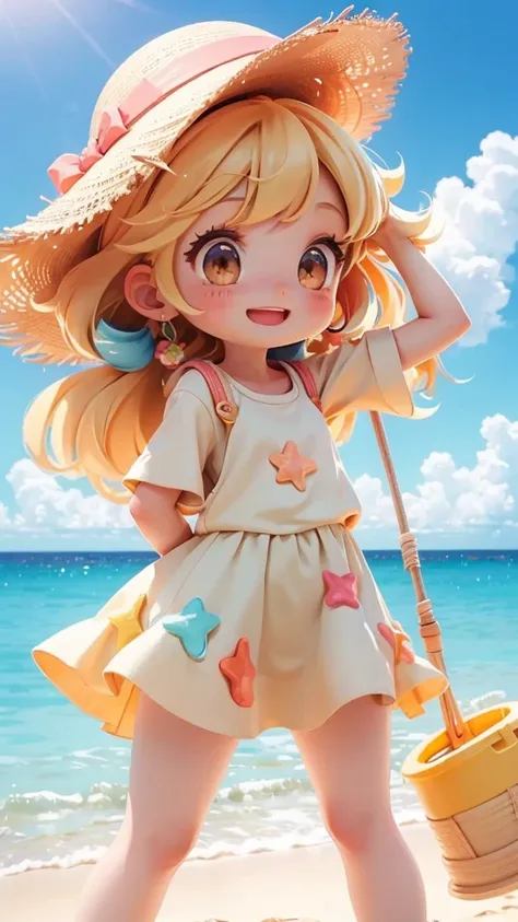 (top-quality, 8K, ?masterpiece:1.3) A portrait of an excited anime girl building a sandcastle on the beach, with a bucket and shovel in hand. She wears a colorful beach outfit and has a big smile. The background features a sandy beach with footprints, seas...