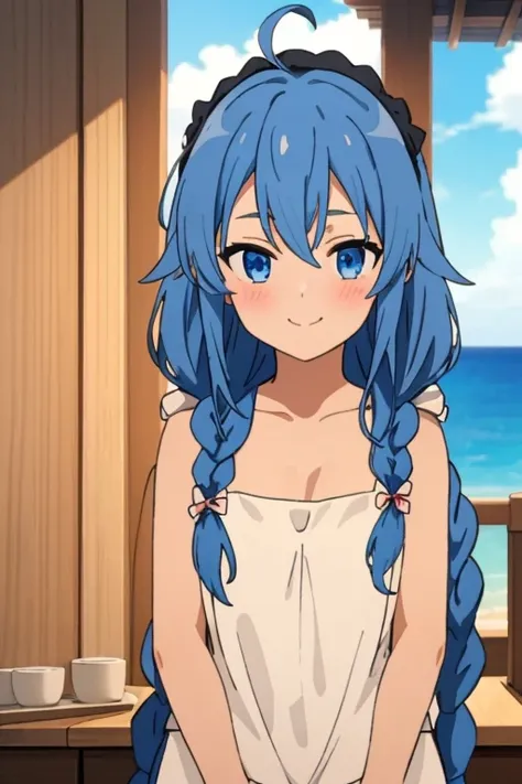 (masterpiece, best quality), music, 1 girl, solitary, Smile, blush, Double braid, Long hair, Blue Hair, garlic,  blue eyes, ((apron)), ((nude)), 裸apron，Small Breasts, Upper Body, eternal,  Looking at the audience, ocean滩, ocean,