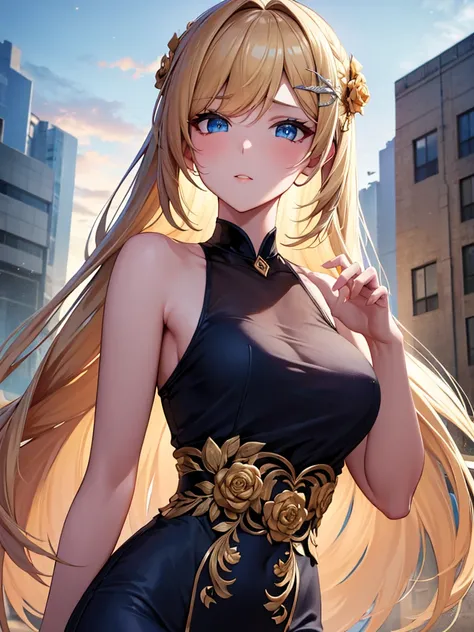 single anime girl, teenage, short
BREAK long blond hair, braid, side bangs, hair ornament, flower hair clip, blue eyes, thin lips, small , thin thighs
BREAK casual dress, gold ring, sleeveless dress, dark blue dress
BREAK looking at viewer, upper body, blu...