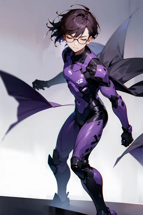 1male, Young Adult, Dark Violet Hair, Eyes Closed, Short Hair, Dojo Background, Slight Smile, Glasses, Standing In City, Detailed background, Black and White Combat Suit