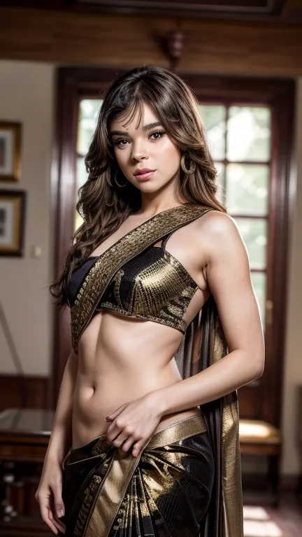 Hailee Steinfeld as a gorgeous Indian Empress wearing ((Black and Gold Kasavu Saree)); deep cleavage; ((ultra glossy lips)); ((Traditional Indian Makeup)); ultrarealistic skin, ultrarealistic face; ultrarealistic body; ((ultrarealistic gold ornaments)); ((...