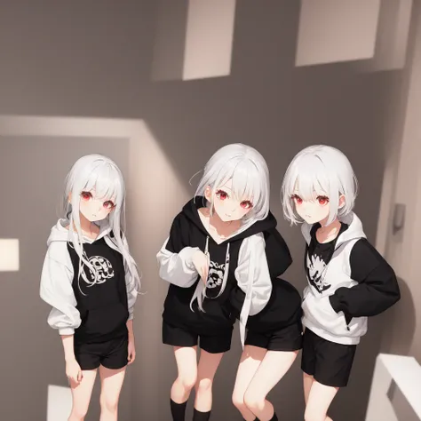 White Hair、Red eyes、White hoodie、Black shorts、girl、Background white