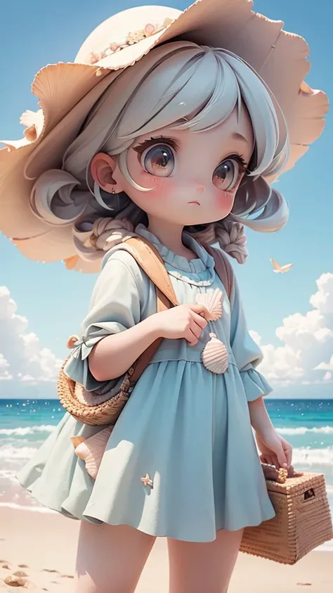 (top-quality, 8K, ?masterpiece:1.3) A portrait of a curious anime girl collecting seashells on the beach, with a small bag full of various shells. She wears a casual beach outfit and has a look of fascination. The background features a sandy shoreline with...