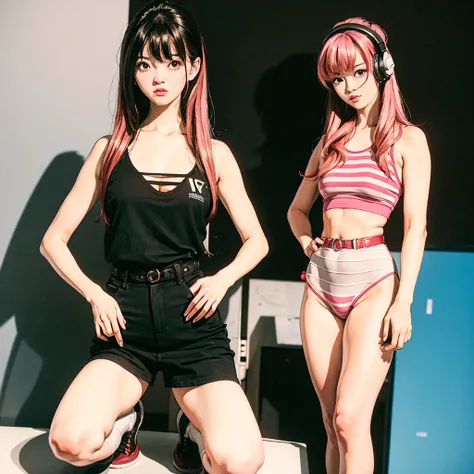 beautiful Korean Girl, Hans Bellmer,Ball jointed doll,about 16years old, wearing high-end headphones office lady,wearing striped bra and socks,open legs,semi-long hair,nude,pink hair,sneer, no background, leather fashion,BDSM, shibari, a vibrator in pussy,...