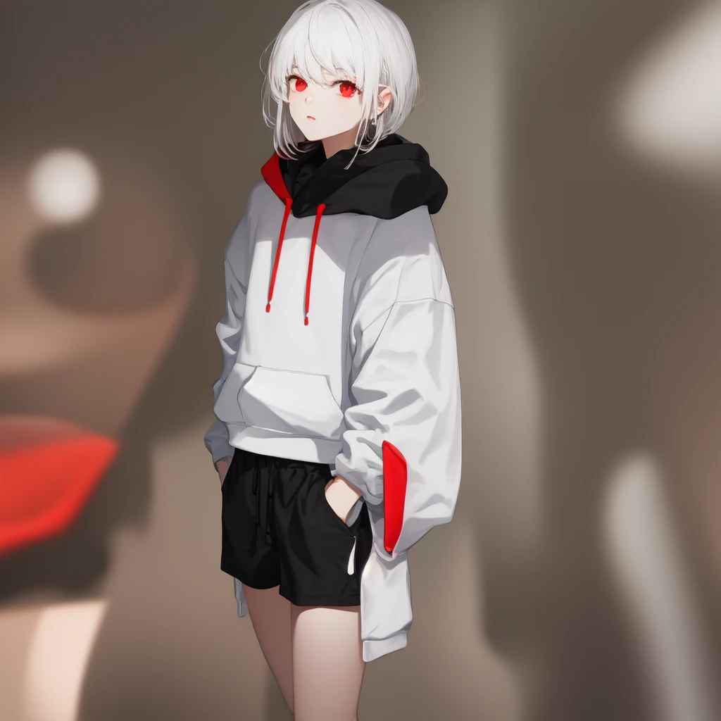 highest quality、High resolution、One person、White Hair、Red eyes、White hoodie、Black shorts、girl、Background white