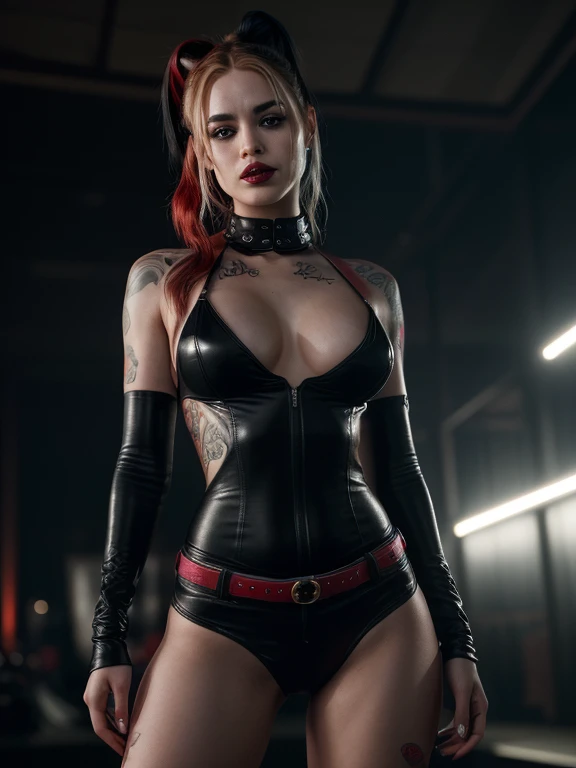 Harley Quinn dominatrix, erotic, realistic, close-up full body shot, detailed facial features, slender body, Hourglass body shape, intricate tattoos, provocative skintight outfit, dark moody lighting, atmospheric background, dramatic poses, cinematic compo...