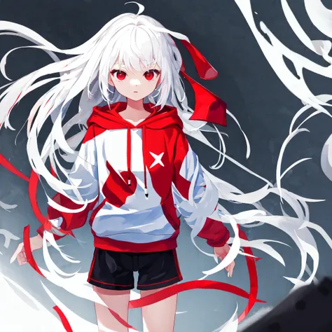 Highest quality、High resolution、One person、White Hair、Red eyes、White hoodie、Black shorts、girl、Background white