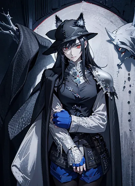 1man Gunslinger,Coldplace,fantasy, blackhair, cat ear, tall, glove, wearing hat, handsome, villian face, blue red eye, 21 yearold, wearing white winter armor, game of throne, 