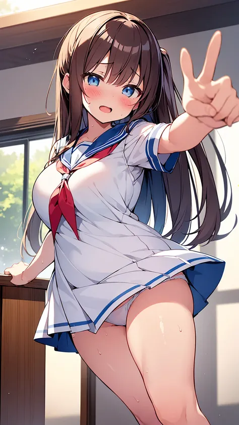 ((kicking)),((outstretched leg)),(Sailor suit),(White panties),Blushing cheeks,blush,Open Mouth Smile,Big Breasts,Plump,Blue eyes,Brown Hair,Twin tails,Sweat,(1 Girl),master piece , best quality,(high resolution),School,classroom,summer