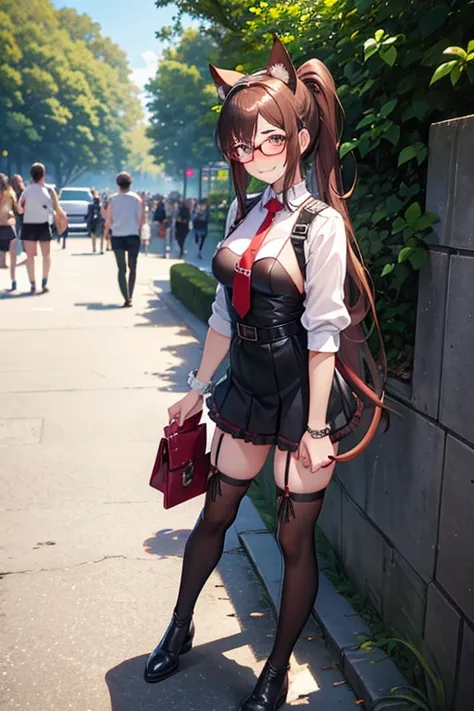 18 yeas old, girl, brown hair, ponytail, slim, big tits, narrow red eyes, cute, cat ears, glasses, 
(embarrassed,  blush:1.4), (ecstasy:1), (think:1.8), (grin:1.5), (sweat:0.9), police uniform, See-through, ribbon, fishnet, garter belt, frills, Kneesocks, ...