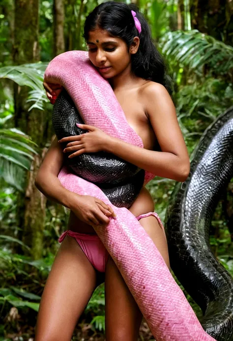  Topless  pink thong wearing aroused horny beautiful happy young Indian teen girl vs  Giant colossal black anaconda monster wrapped around her body squeezing her in coiled embrace cuddling and kissing  sexual erotic bestiality  sex  realistic in the rainfo...