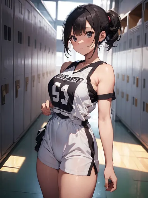 Masterpiece, 8k quality, hyper detailed, one girl, (short hair tied up), light hair, small breast, thick thighs, (basketball jersey), locker room, (seductive look