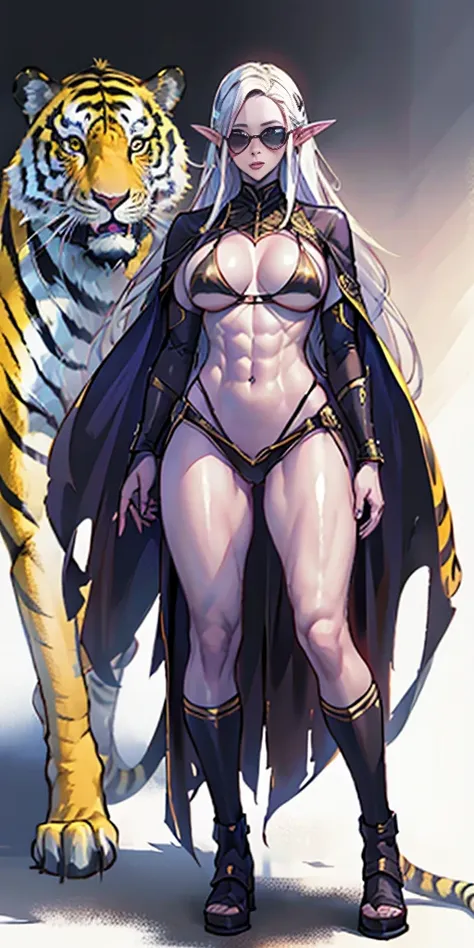 Full body, masterpiece, 1solofemale drow elf purple skin standing pose (yellow tiger bikini) red cape, red bikini, long white hair, strong body, abs, Ultra Quality, shiny skin, Atmospheric, 8K, Cinematic ((PLAIN WHITE background)) BREAK, sunglasses