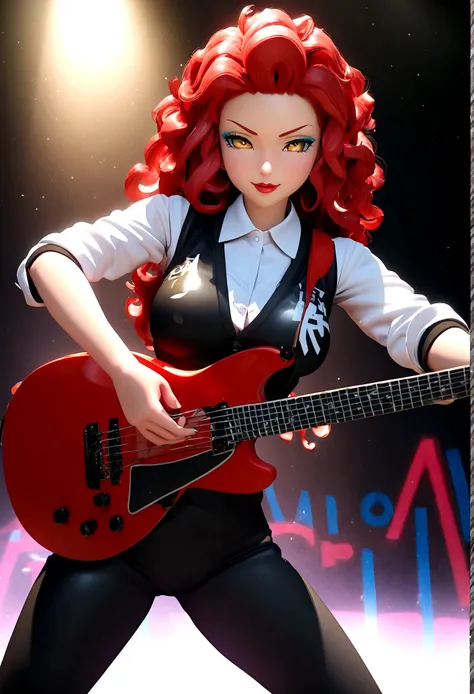 3D anime character,animate,real,1 girl,30 years old,glamorous,medium hair,((perm)),wavy hair,red hair,forehead,Voluminous curly hair,seductive smile,Light blue eyeshadow,red eyebrows,yellow eyes,tsurime,narrow eyes,half opend eyes,red lips,Confident expres...