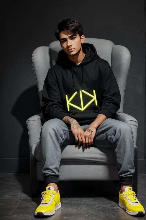 Create a 3D illusion for a profile picture where a 25 Year old cute boy in a black hoodie Sitting casually on a Wingback chair. Wearing sneakers, he looks ahead. The background features "SAHID" in big and capital Yellow neon light fonts on the dark grey wa...