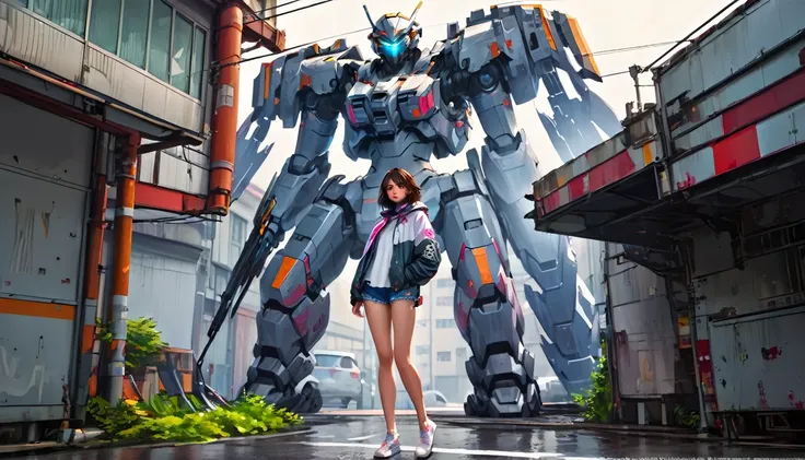 anime girl in shorts and jacket standing next to a giant robot, artwork in the style of gwaiz, cyberpunk anime girl mecha, trend...