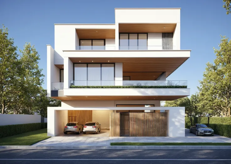 townhouse, (modern style:1.2), open roof top sky, exterior design, perspective view, (white wall:1.3), (block sidewalks and asph...