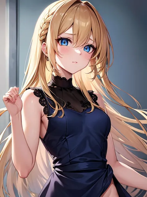 single anime girl, teenage, short
BREAK long blond hair, braid, side bangs, hair ornament, flower hair clip, blue eyes, thin lips, small , thin thighs
BREAK casual dress, gold ring, sleeveless dress, dark blue dress
BREAK looking at viewer, upper body, blu...