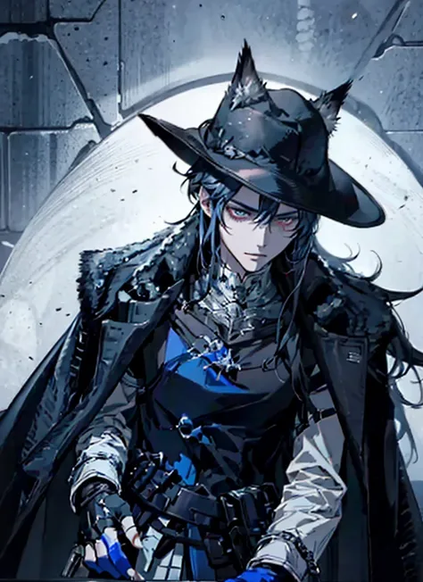 1man Gunslinger,Coldplace,fantasy, blackhair, cat ear, tall, glove, wearing hat, handsome, villian face, blue red eye, 21 yearold, wearing white winter armor, game of throne, male