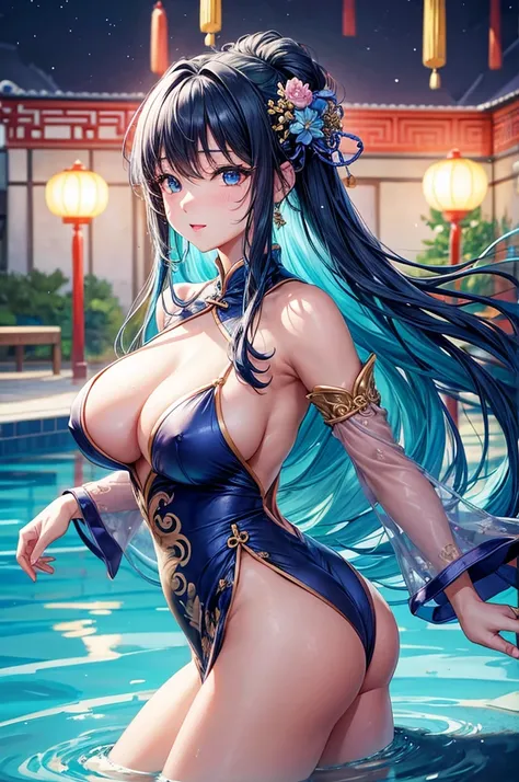 She is touching her clit in her Chinese dress、8k、、Highest quality、Tabletop、Ultra HD、Ultra-detailed、so beautiful、Ultra-detailed髪質、so beautiful、Portrait、Esbian all over、Captivating look、Beautiful woman、Long Blue Hair、blue eyes、Glowing Skin、bursting breasts、V...