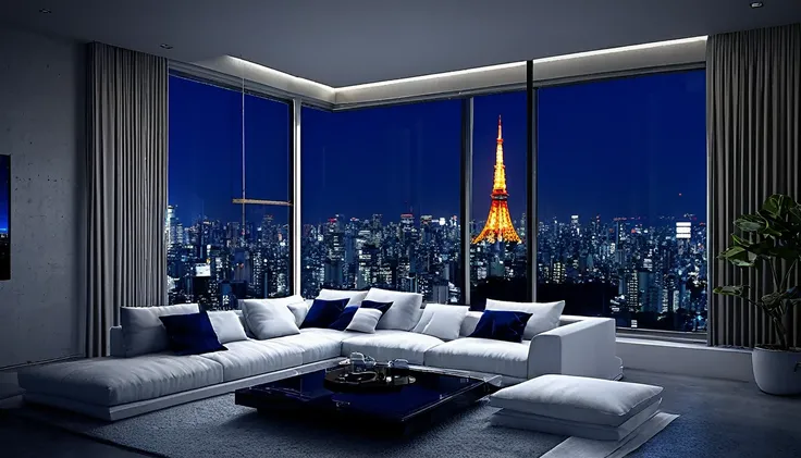 Can you vividly describe a detailed and realistic scene of a modern living room at night? The room should feature a large window with a view of the Tokyo Tower. Inside, there should be a polished concrete wall, a white floor, and a modern sofa with a deep ...