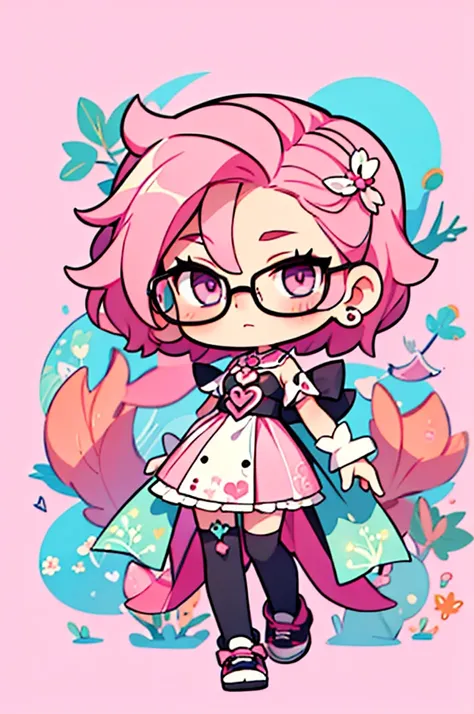 1 person , man ,Short haircut ,cartoon girl with pink hair and glasses wearing a crown, ((pink)), Official fan art, The delicate androgynous prince, anime moe art style, cute art style, Chibi style, 🍁 cute, Kawaii Chibi, ❤🔥🍄🌪, Chibi Art, Fan Art Demon Slay...