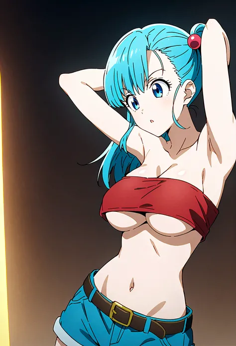  score_9, score_8_up, score_7_up, BREAK from , ,dynamic angle,1girl,bulma, blue eyes, blue hair,bare shoulders, belt, cleavage, hair bobbles, hair ornament, hair over shoulder, ,large breasts,midriff, navel, one side up, red tube top, shorts, side ponytail...