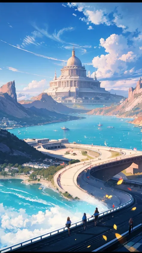 (best quality：1.4)，（Best results：1.4），（Ultra-clear picture quality：1.4），（Ultra-sharp details：1.2）,Summer solstice poster，summer，highway，bridge，Sunlight，Bright，hillside，Distant Mountains，Skyline，Blue sky