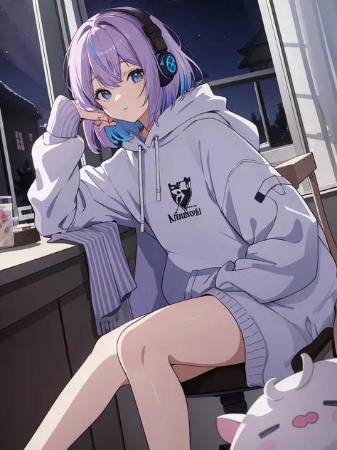 Scene View,null,anime style, house light ,night,headrest, intense angle, Curtsey,(Light purple hair)、(Web Hair)、medium hair、sparkling blue eyes、winter scenery,highest quality、Multicolored hair、((indoor))、headphone、white hoodie, 1girl