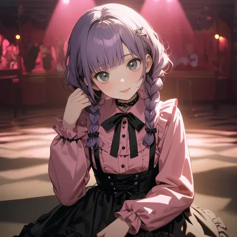 (Cute a girl:1.5), (a girl with closs hair pin,pale purple hair,wavy two braids,bluntbangs hair,green and black eyes,
pink shirt,cosplay, jirai kei, bangs, black skirt, black bow, looking at viewer, bow, long sleeves, choker, ribbon,pink lips, :1.4),(maste...