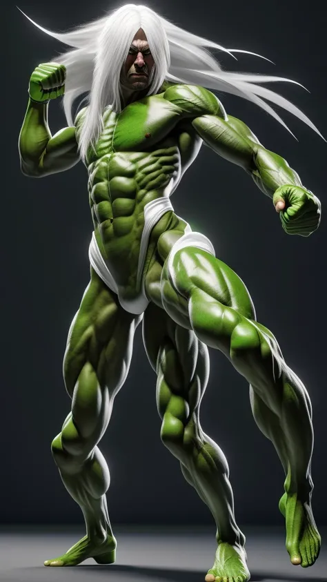 Create a high resolution image rendered 3d muscular fighter green skin long white hair to the knee white energy emanating from his body duad pistols leisurely 