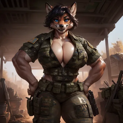 solo, 1girl, red fox, vixen, (female, broad shoulders, stocky build, buff, muscular, large breasts, short hair, black hair, blue eyes, highly detailed eyes, Amazon, powerful figure, wearing camouflage_uniform, (urban camo uniform:1.3), military camp, rolle...