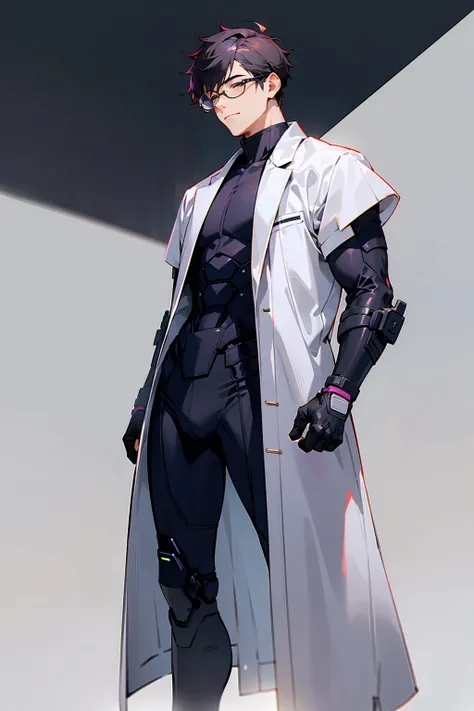 1male, Young Adult, Dark Violet Hair, Eyes Closed, Short Hair, Dojo Background, Slight Smile, Glasses, Standing In City, Detailed background, Black and White Combat Suit, White Coat