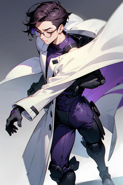 1male, Young Adult, Dark Violet Hair, Eyes Closed, Short Hair, Dojo Background, Slight Smile, Glasses, Standing In City, Detailed background, Black and White Combat Suit, White Coat