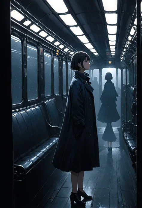 ((masterpiece), Absurd quality, 16K, 1 girl with short hair, Wearing a dark blue coat, She is long, Dimly lit subway. The perspective camera captures the entire vehicle. In the carriage, Innermost, In a dark corner not well lit by the flashing lights, A fa...