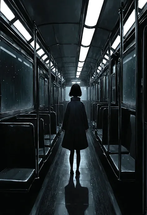 ((masterpiece), Absurd quality, 16K, 1 girl with short hair, Wearing a dark blue coat, She is long, Dimly lit subway. The perspective camera captures the entire vehicle. In the carriage, Innermost, In a dark corner not well lit by the flashing lights, A fa...