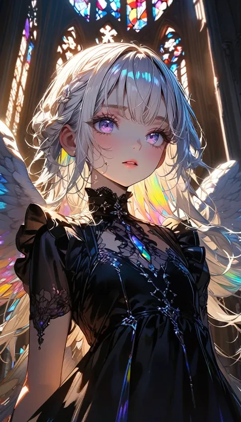 (absurdres:1.5), (highres), (best quality:1.1), (ultra-detailed:1.1), (an extremely delicate and beautiful), 1 girl, beautiful face, (detailed face), best quality, angel、White hair, iridescent inner hair color, flat chest, gothic dress, angel wings on her ...