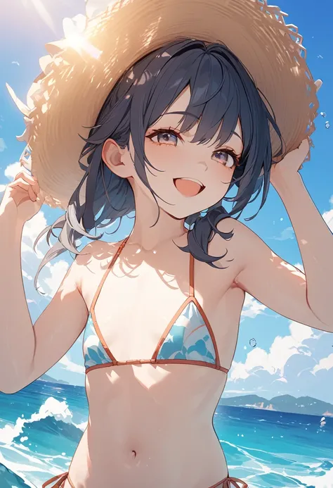 Highest quality, masterpiece, Wallpapers by Unity 8k, (One Girl) , 17 years old、1girl,、Flat Chest、bikini、 blue sky、Ocean、Cowboy Shot、smile