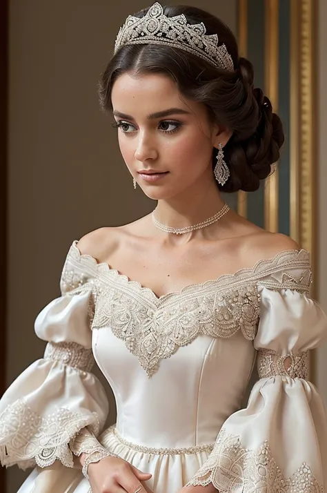 ((the off shoulder puff sleeves made you look like a literal queen)), ((The intricate and beautiful detailings of the dress made it look like it simply belonged to a literal real royal princess with all of the delicate and detailed lace decorating it made ...