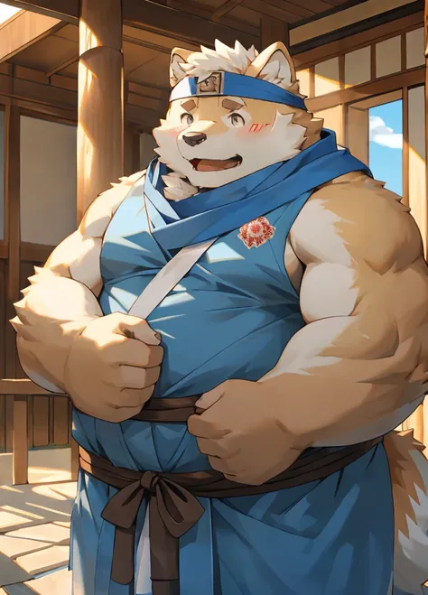 (masterpiece)，(Very detailed)，(best quality)，hairy，Shiba Inu，fur，white hair，Gray pupil，Chubby，(Poor)，(Japan samurai attire)，((blue scarf))，((Brown headband))，(blush:1.1)，((shy))，紧张shy的表情，Temple Background，8K，(high quality)，(Ultra high quality)，(Super detai...