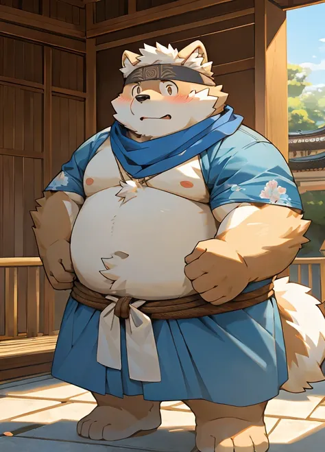 (masterpiece)，(Very detailed)，(best quality)，hairy，Shiba Inu，fur，white hair，Gray pupil，Chubby，(Poor)，(Japan samurai attire)，((blue scarf))，((Brown headband))，(blush:1.1)，((shy))，紧张shy的表情，Temple Background，8K，(high quality)，(Ultra high quality)，(Super detai...