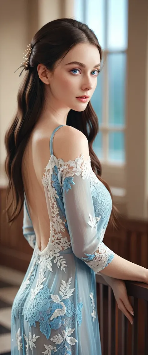 A beautiful woman with captivating blue eyes, long lashes, and flowing hair, posing elegantly in a sheer, lace backless dress, exuding a seductive and feminine charm, in a high-quality, realistic 8K CG rendering with a shallow depth of field.