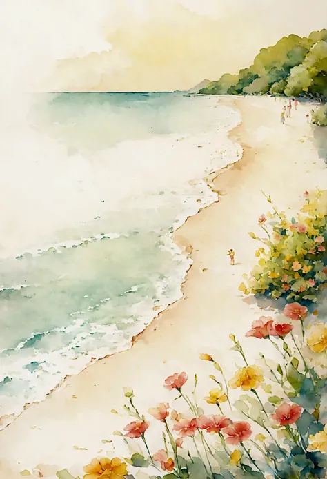 Brightly colored flowers, beach, some figures, gentle sunlight, long, peaceful watercolor landscape that seems to draw you in, 8k image