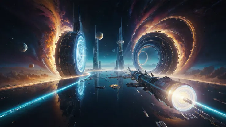 brightly colored abstract image of a space station with a spiral, epic beautiful space scifi, chaotic cinematic space rift, greg beeple, planets colliding, beeple and tim hildebrandt, beeple and jean giraud, end of the universe, galaxy space sci-fi, ringwo...